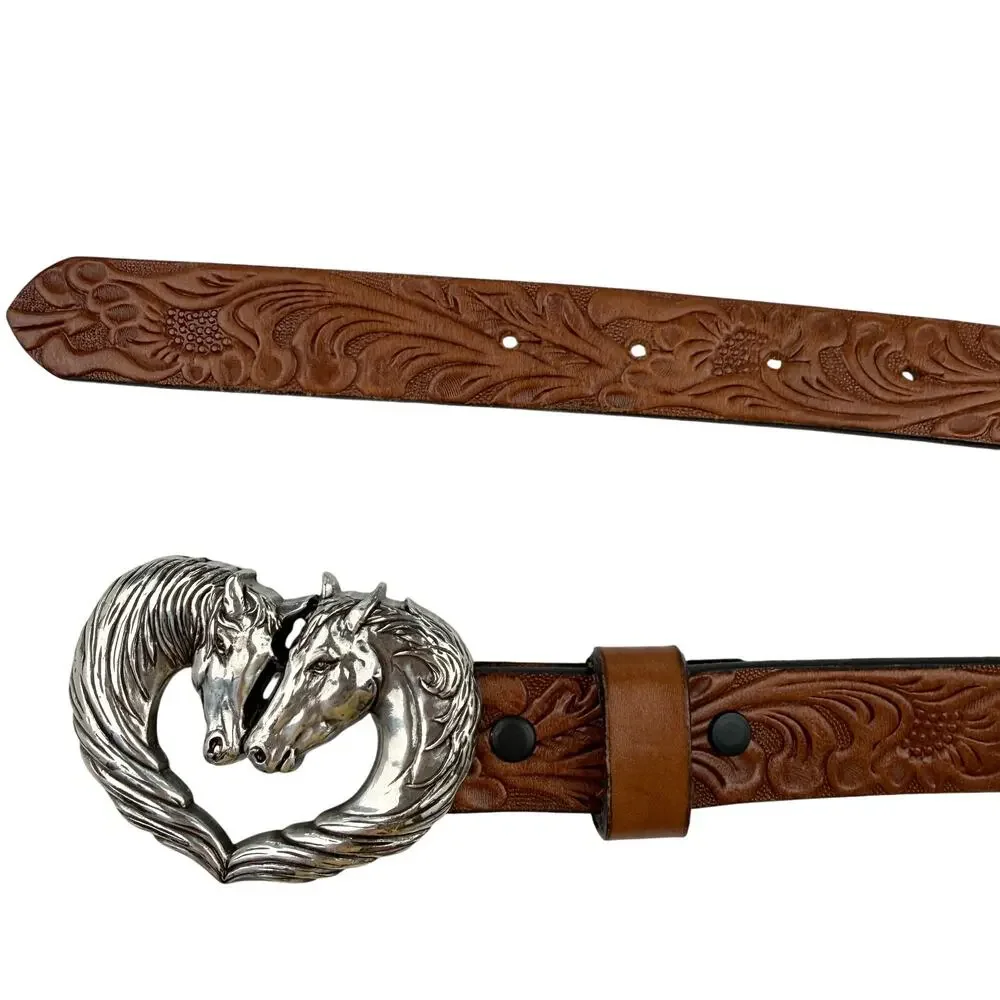 Vtg Justin Tooled Leather Horse Buckle Western Equestrian Belt Girls Size 20 USA